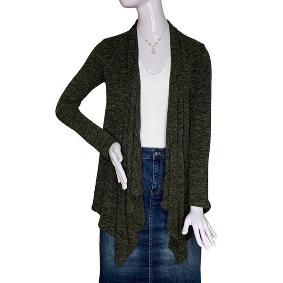 Draped Open Cardigan Size Small Marled Green Long Sleeve Jersey Material - Picture 1 of 10